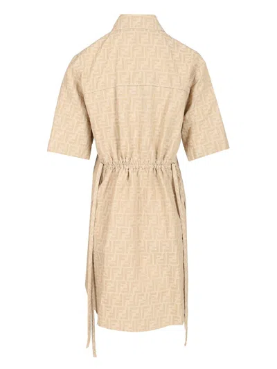 Fendi Patterned Dress With Elasticated Waist And Short Sleeves In Brown