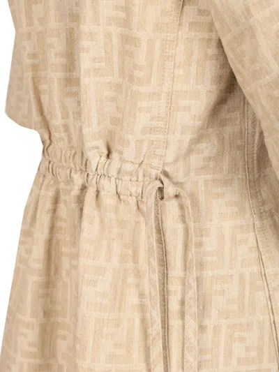 Fendi Patterned Dress With Elasticated Waist And Short Sleeves In Brown