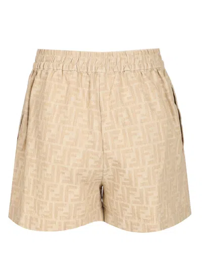 Fendi Women Beige Shorts With Elastic Waist And Wide Leg In Chambray Ff Woman In Neutral