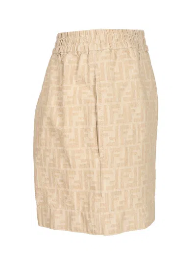 Fendi Women Beige Shorts With Elastic Waist And Wide Leg In Chambray Ff Woman In Neutral