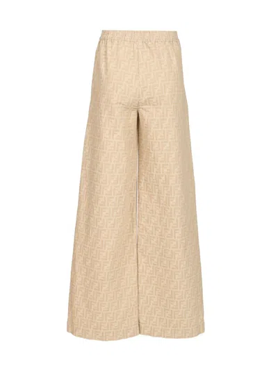 Fendi Women Beige Pants With Elastic Waist And Wide Leg In Chambray Ff Woman In Neutral