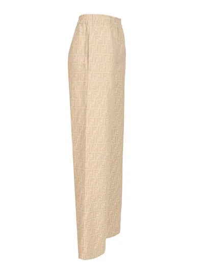 Fendi Women Beige Pants With Elastic Waist And Wide Leg In Chambray Ff Woman In Neutral