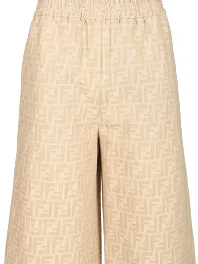 Fendi Women Beige Pants With Elastic Waist And Wide Leg In Chambray Ff Woman In Neutral