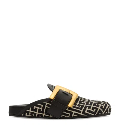 Balmain Anthem Mules In Jacquard Canvas With Pb Monogram In Black