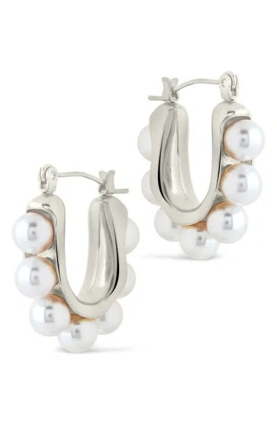 Sterling Forever Faux Pearl Hoop Earrings In Metallic