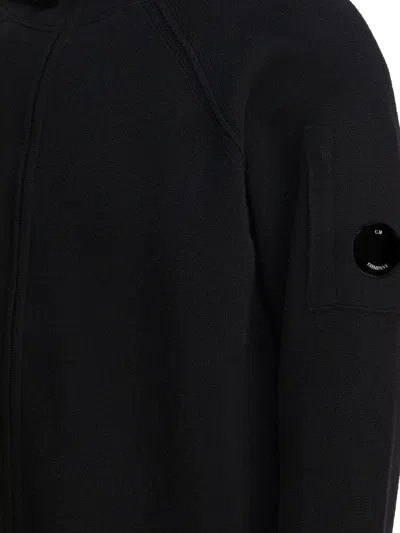 C.p. Company Signature Lens Zip-up Cardigan With Hood In Black