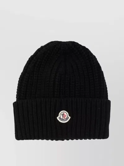 Moncler Ribbed Knit Carded Wool Beanie With Felt Logo Patch