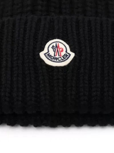 Moncler Ribbed Knit Carded Wool Beanie With Felt Logo Patch