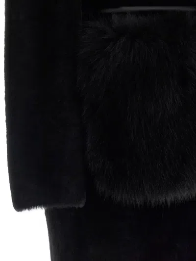Blancha Straight-volpe Fur Belted Long Jacket In Black