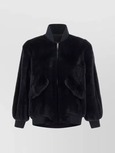 Blancha Luxurious Mink Fur Bomber Jacket With Zip Closure And Casual Appeal In Black
