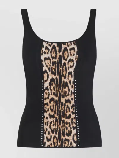 Roberto Cavalli Sleeveless Animal Print Top With Studded Detail In Black