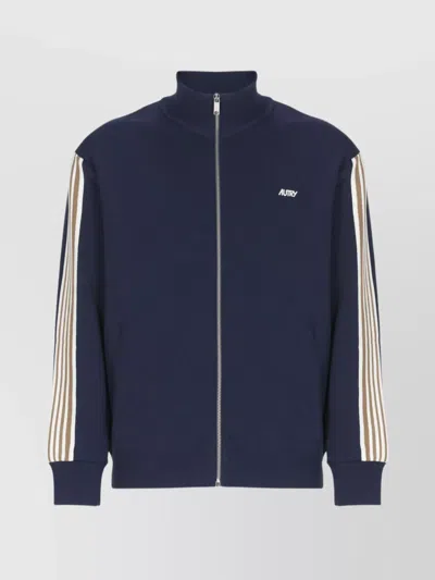 Autry High-collar Blue Jacket With Vertical Stripes And Ribbed Cuffs In Blue