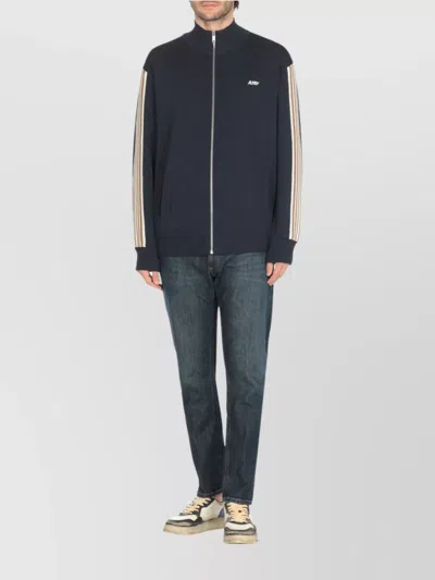 Autry High-collar Blue Jacket With Vertical Stripes And Ribbed Cuffs In Blue