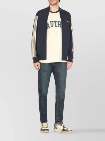 Autry High-collar Blue Jacket With Vertical Stripes And Ribbed Cuffs In Blue