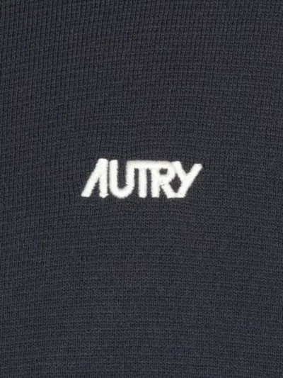 Autry High-collar Blue Jacket With Vertical Stripes And Ribbed Cuffs In Blue