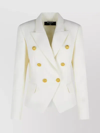 Balmain Double-breasted Structured Denim Blazer With Peak Lapel In White