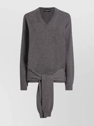 Dolce & Gabbana V-neck Knotted Cashmere Sweater Clothing In Gray