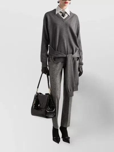 Dolce & Gabbana V-neck Knotted Cashmere Sweater Clothing In Gray
