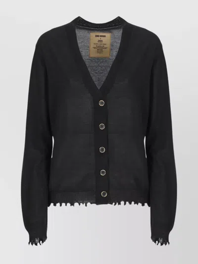 Uma Wang Frayed Hem V-neck Over Cardigan Knitwear In Black