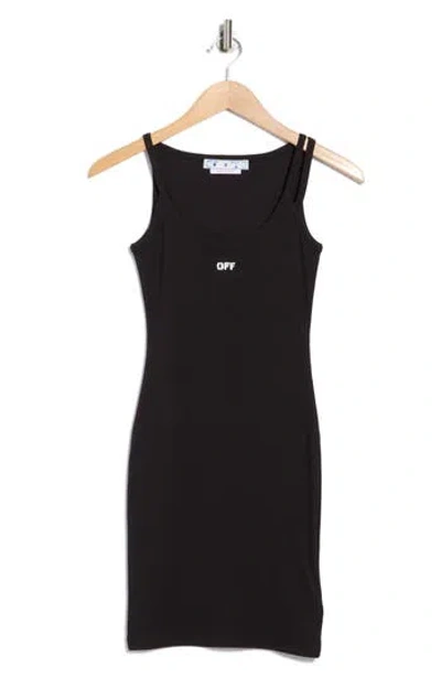 Off-white Ribbed Stretch Mini Dress With Scoop Neckline In Black