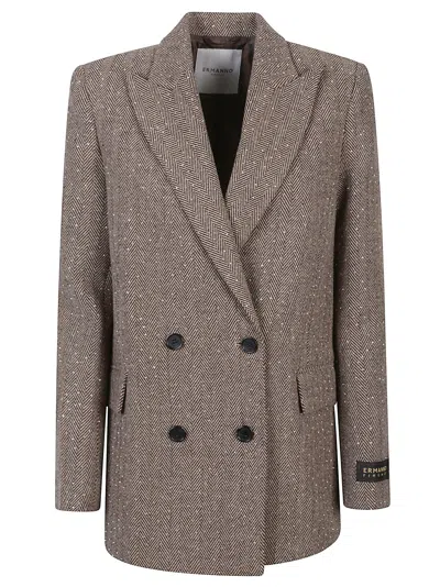 Ermanno Firenze Double-breasted Herringbone Blazer With Crystal Embellishments In Brown