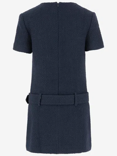 Self-portrait Textured Boucle Mini Dress With Belted Waist And Gold-tone Accents In Blue