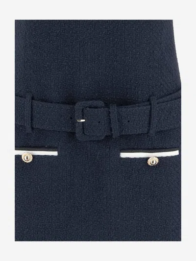 Self-portrait Textured Boucle Mini Dress With Belted Waist And Gold-tone Accents In Blue