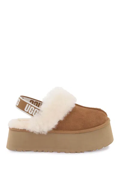 Ugg Platform Mules Made Of Camel-colored Leather With Faux Fur And Elastic Back In Brown