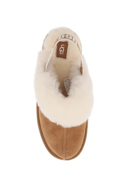 Ugg Platform Mules Made Of Camel-colored Leather With Faux Fur And Elastic Back In Brown