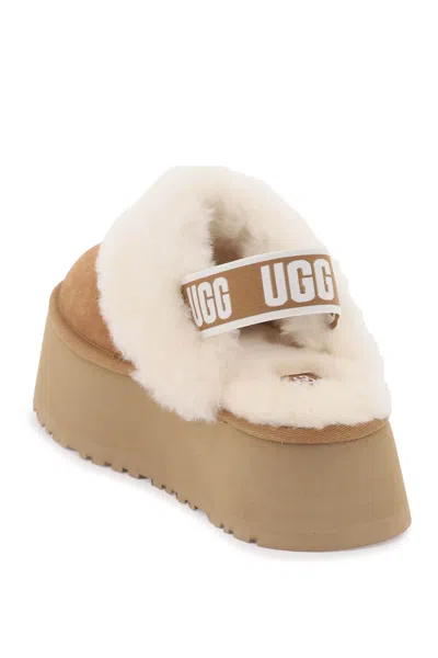 Ugg Platform Mules Made Of Camel-colored Leather With Faux Fur And Elastic Back In Brown