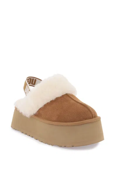 Ugg Platform Mules Made Of Camel-colored Leather With Faux Fur And Elastic Back In Brown