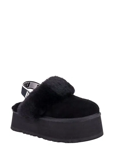 Ugg Black Leather Clog With Faux Fur And Elastic Back  In Black