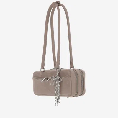 Self-portrait Baguette Shoulder Bag In Suede With Dual Handles In Gray