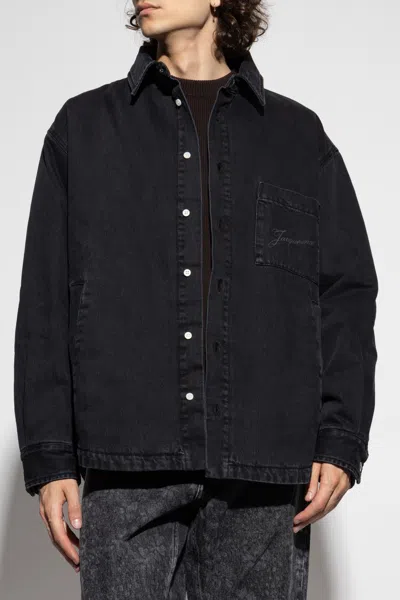 Jacquemus Virgin Wool Long-sleeve Shirt With Embroidered Logo In Black