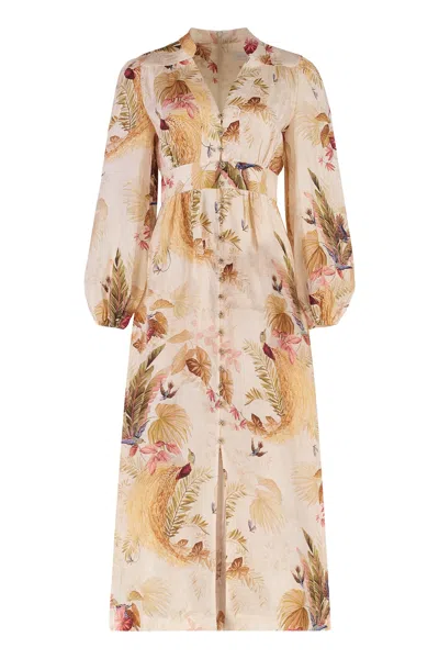 Zimmermann Ascension Linen Plunge Midi Dress In Multi