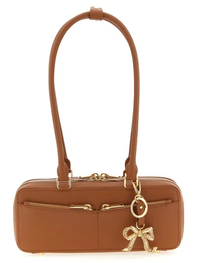 Self-portrait Tan Leather Baguette Shoulder Bag With Charm In Brown