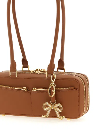 Self-portrait Tan Leather Baguette Shoulder Bag With Charm In Brown