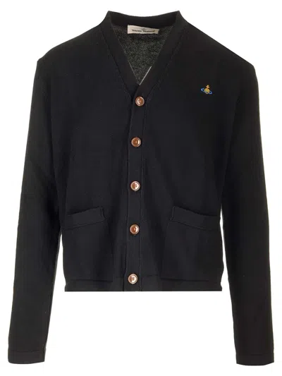 Vivienne Westwood Black V Neck Cardigan With Orb Embroidery In Cotton And Cashmere In Black