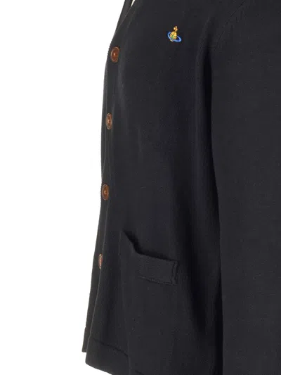 Vivienne Westwood Black V Neck Cardigan With Orb Embroidery In Cotton And Cashmere In Black