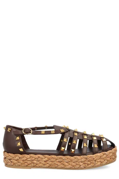 Valentino Garavani Garavani Rockstud Buckle Detailed Flat Shoes In Brown