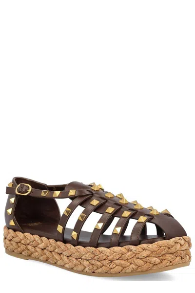 Valentino Garavani Garavani Rockstud Buckle Detailed Flat Shoes In Brown