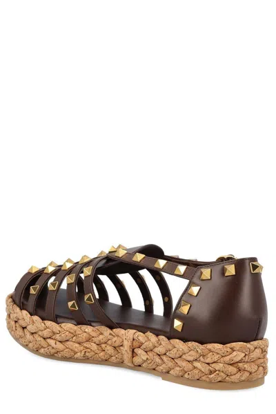 Valentino Garavani Garavani Rockstud Buckle Detailed Flat Shoes In Brown