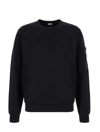 C.p. Company Black Chenille Cotton Crewneck Sweater In Black