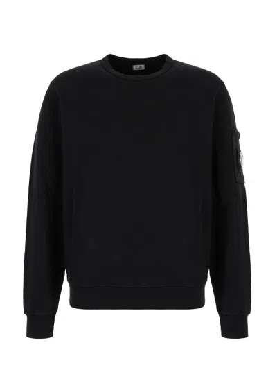 C.p. Company Black Chenille Cotton Crewneck Sweater In Black