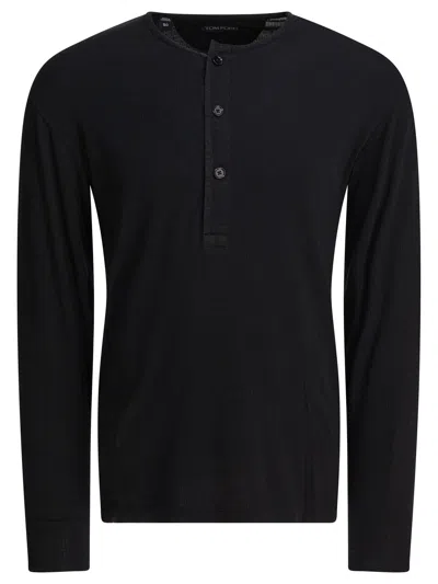Tom Ford Henley Cotton Stretch Ribbed Long Sleeved T-shirt In Black