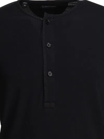 Tom Ford Henley Cotton Stretch Ribbed Long Sleeved T-shirt In Black