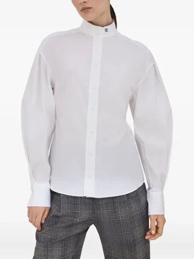 Brunello Cucinelli Stretch Cotton Poplin Shirt With Shiny Collar Detail In White