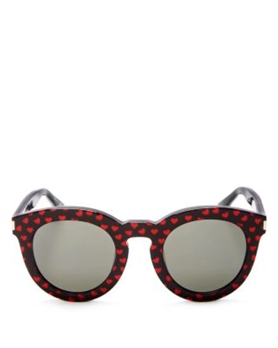 Shop Saint Laurent Round Heart Print Sunglasses, 46mm In Black/red/gray Gradient