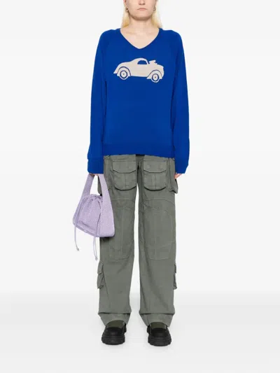 Open Yy Car Pattern Knitted Sweater In Blue