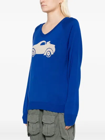 Open Yy Car Pattern Knitted Sweater In Blue